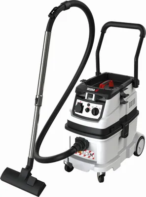 A white and black industrial vacuum cleaner with a hose and nozzle, shown on a white background.
