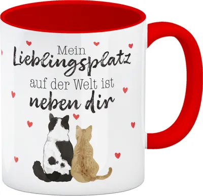 Produktbild von Katzenpaar Kaffeebecher in rot mit Spruch Mein Lieblingsplatz ist bei dir