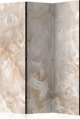 A three-panel room divider with a marble-like pattern.