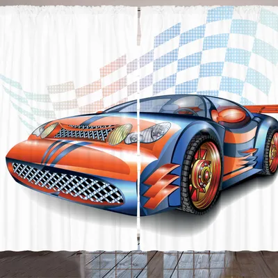 Produktbild von ARANDE Autos Gardine, Cartoon Style Beschleunigung Rennwagen Event Championship Rennstrecke Victory Drive, 280 x 175 cm, Orange Blau Schwarz