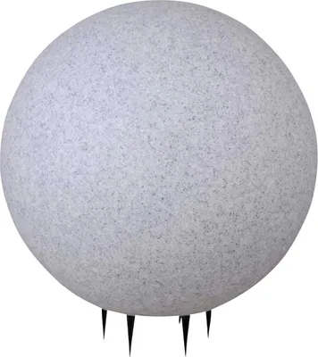 A round, light gray lamp with a speckled texture, supported by several black spikes at its base.