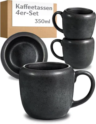 Produktbild von Cosumy 4er Kaffeetassen Set Schwarz – 350 ml Kaffeebecher – Dickwandiges Steingut Geschirr, das Lange Warm Hält – Elegante Kaffeetasse mit Handglasier