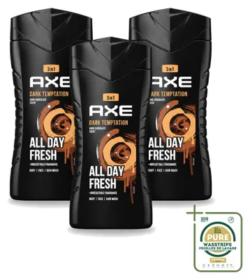 Imagen del producto de 3 unidades de gel de ducha Axe 3 en 1, aroma Dark Temptation (chocolate), 250 ml - Paquete ahorro - 3 piezas