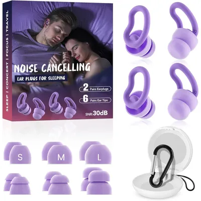 Produktbild von Ohrstöpsel zum Schlafen für Seitenschläfer, weiches Silikon, gegen Schnarchen, 6 Größen S/M/L, 2 Paar Ohrflügel, wiederverwendbar, Tieflila
