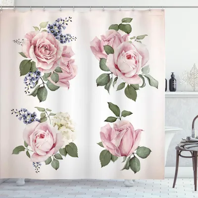 Obrázok produktu pre ABAKUHAUS Ružová sprchová záves, jarné kytice ruží Flora kvitnúca sezóna, 175 x 240 cm, bledo ružová resedová zelená