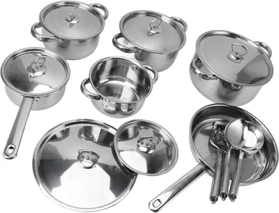 Produktbild von Kochgeschirrset aus Edelstahl mit Töpfen und Pfannen, 4 Suppentöpfen, 2 Schmorpfannen, 6 Deckeln und hitzebeständigen Griffen für das Kochen zu Hause