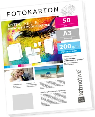Produktbild von TATMOTIVE Fotokarton Fotopapier DIN A3 200g MATT weiß / Laserdrucker / Beidseitig bedruckbar / 50 Blatt