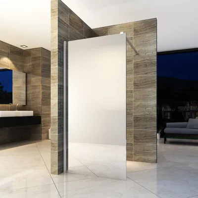 A modern bathroom with a large mirror, tiled walls, and a view of a city at night.