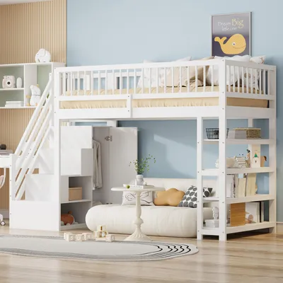 Produktbild von Flieks Etagenbett 90x200cm mit Garderobe, Kinderbett mit Regal, Hochbett mit Treppe und Lattenrost, Stockbett mit Rausfallschutz, Holzbett Weiß