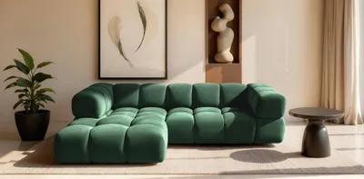 Produktbild von Ecksofa Designersofa BLANCHE in Stoff Bluvel Flaschengrün Ottomane Links