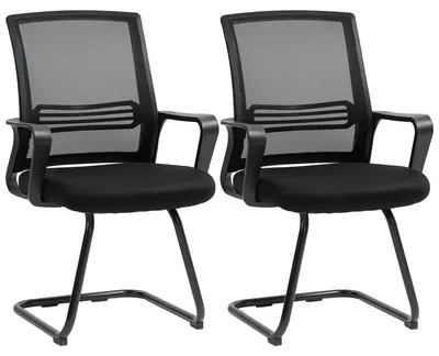 Productafbeelding van Set van 2 ergonomische bureaustoelen zonder wielen, gestoffeerde vergaderstoelen met sledevoet voor wachtruimtes en receptiegebieden, zwart