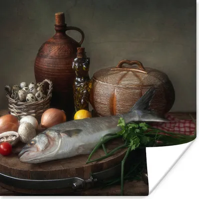 Produktbild von MuchoWow® Poster Rustikal - Fisch - Stilleben - Gemüse - Kräuter 50x50 cm - Wohnzimmerdekoration