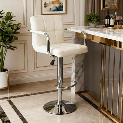 Immagine prodotto di Set di 2 sgabelli da bar - sgabelli da cucina - regolabili in altezza - girevoli a 360° - con braccioli, schienale e poggiapiedi - rivestiti in ecopelle - colore bianco