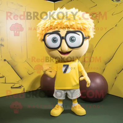 Immagine prodotto di Personaggio del costume della mascotte REDBROKOLY delle polpette gialle vestito con una maglietta da rugby e occhiali da vista