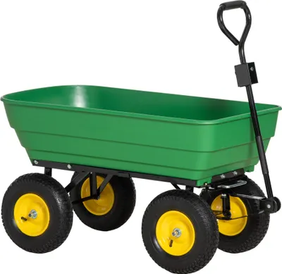 Image de Outsunny Chariot de Jardin à Main Benne basculante 75° 125L Charge Max. 200 Kg 4 Roues pneumatiques Acier PP Jaune Vert