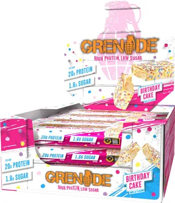 A box of Grenade Birthday Cake protein bars, with some bars shown outside the box.