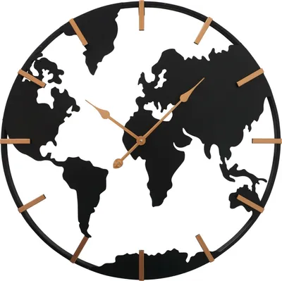 A wall clock designed in the shape of a world map.