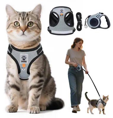 Produktbild von Ausbruchsicheres Katzengeschirr mit Leine, 5 m / 16,4 ft. Automatisch einziehbares Katzengeschirr- und Leinen-Set, ausbruchsicheres Katzengeschirr, Katzengeschirr-Set mit Leine (M)