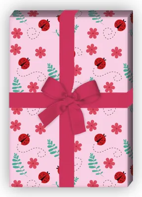 Produktbild von Marienkäfer Geschenkpapier mit Glücks-Käfern und Blumen, rosa - G8285, 32 x 48cm