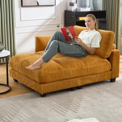 Image de MODFU Fauteuil Relax - Fauteuil Salon Avec Porte-Gobelets Et USB, Rembourrage Confortable Ergonomique, Velours Côtelé, Jaune, 140 × 112 × 81 cm