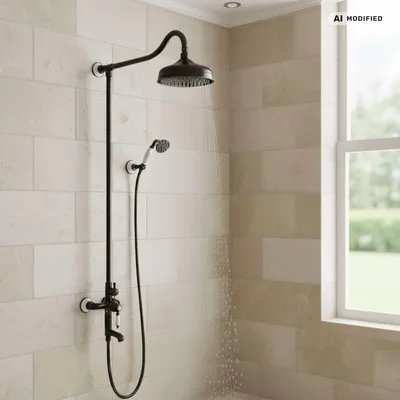 Produktbild von PaulGurkes Duschsystem Aufputz Schwarz Nostalgie Retro Brausegarnitur Regendusche