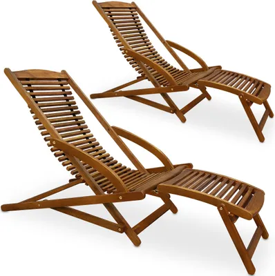 Produktbild von Casaria® Sonnenliege 2er Set Klappbar mit Fußstütze Kissen 2 Personen Wetterfest Holz Gartenliege 160x70 cm Akazie Garten Liegestuhl 160kg Belastbar Balkon