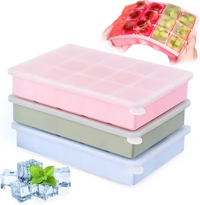 Produktbild von Silikon-Eiswürfelbehälter mit Deckel – Set mit 3 – 45 Eiswürfelformen – Stapelbare Eiswürfelbehälter – Eiswürfelformen für den Gefrierschrank