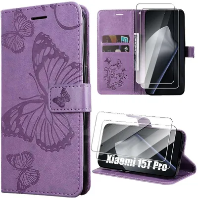 Image de Coque + 2 Verres Trempés pour Xiaomi 15T Pro, Cuir Synthétique Antichoc Motif Papillon Violet
