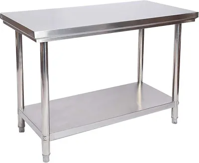 Image de Table de travail en acier inoxydable, table en acier inoxydable avec étagère, dimensions 120x60x85 cm, idéale pour les cuisines professionnelles, les ateliers, les jardins, les caves, avec pieds réglables en hauteur