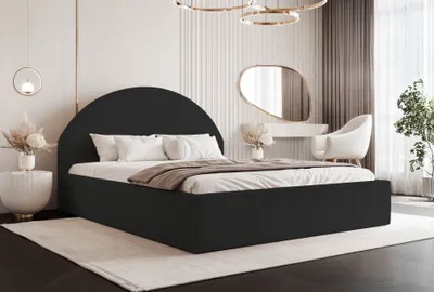Zdjęcie produktu dla BESILIO Łóżko z pojemnikiem 180x200 slim Velora - Łóżko ze stelażem, okrągłe kształty - Tkanina boucle - Czarny & Quelle 100
