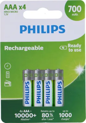 Zdjęcie produktu dla Baterie Philips AAA - 4 sztuki - HR03 Akumulatory - NiMH 1.2V - 1000 ładowań - 700mAh