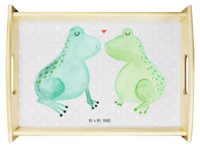 Produktbild von Mr. & Mrs. Panda Holztablett Frosch Liebe - Grau Pastell - Geschenk, Freundin, Frösche, Servier Tablett, Küchentablett, Deko, betttablett, Verheiratet, sofatablett
