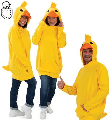 Produktbild von Enten Kostüm für Erwachsene Hoodie Kapuzenpullover mit Bauchtasche und Tierkapuze Schnabel Augen Kopfgefieder und Entenschwanz (L)