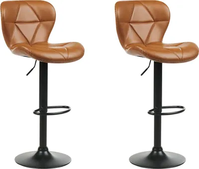 Two brown bar stools with black metal bases and legs, shown from the side against a white background.