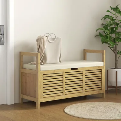 Image de Banc à chaussures avec rangement, banc d'entrée en bambou, assise rembourrée, bois naturel | 100 x 40 x 60 cm | jusqu'à 130 kg | avec accoudoirs