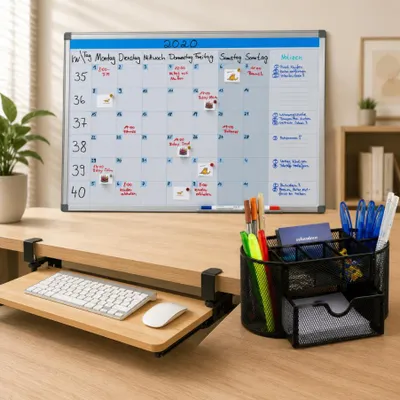 Image de Ensemble de bureau pour la productivité (3 pièces) – Tableau blanc de planification, rangement en filet et support pour clavier