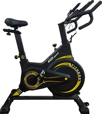 A black and yellow exercise bike against a white background.