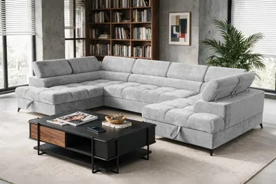 Produktbild von Sofiland BEVIANO Wohnlandschaft U-Form Schlaffunktion 345x202 cm Chenille Hellgrau