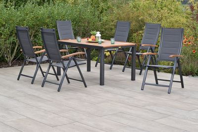Merxx Gartenmöbelset "Paxos" 7tlg. mit Ausziehtisch 150/200 x 90 cm - Aluminiumgestell Graphit mit Textilbespannung Anthrazit und Akazienholz