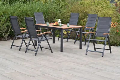 Produktbild von Merxx Gartenmöbelset Paxos 7tlg., 6 Klappsessel, Ausziehtisch 150 (200) x 90 cm- Aluminium/Akazie/Textil
