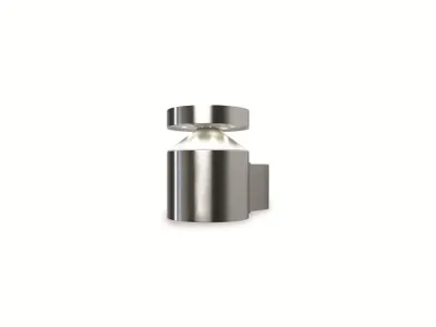 A silver LED wall light cylinder with a top cap, shown against a white background.