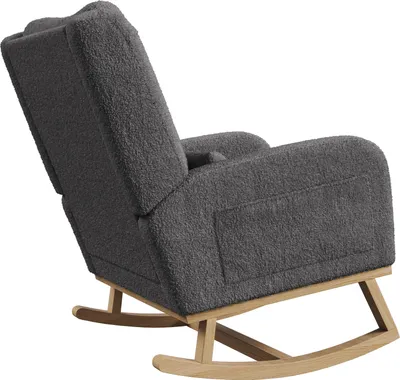 Immagine prodotto di Sedia a dondolo con schienale alto, design ergonomico, velluto teddy, gambe in legno massiccio e tasche laterali - grigio, poltrona reclinabile per soggiorno e camera da letto