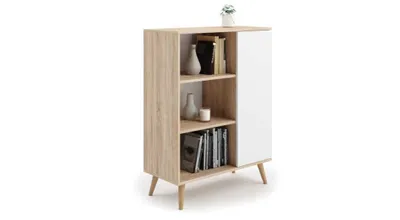 A standalone image of a bookshelf with a white door, set against a white background.