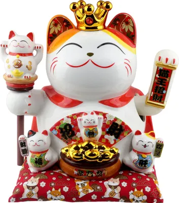 Produktbild von Glückskatze Maneki-neko Winkekatze Krone Porzellan 26cm weiß winkende Katze Lucky cat