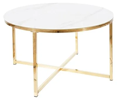Image de Table basse en verre effet marbre - Blanc et doré - Pieds croisés en métal - H 45 cm x D 80 cm