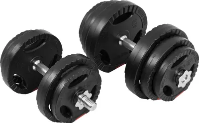 Two adjustable dumbbells are shown on a white background.