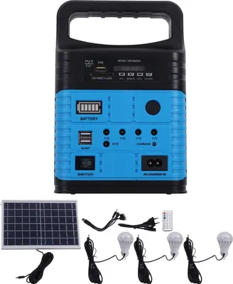 Obrázek produktu pro Přenosný 10W solární nouzový generátor SDM-3790 s EU zástrčkou (250V) – včetně vestavěné baterie, solární lampy, solárního Bluetooth MP3 přehrávače a dálkového ovladače