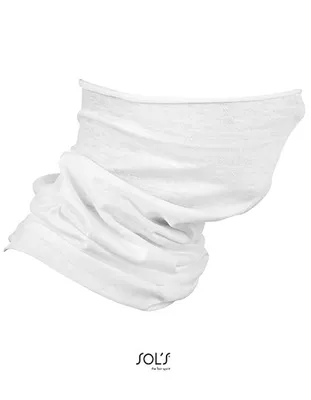 A white multifunctional neck warmer is displayed against a white background.
