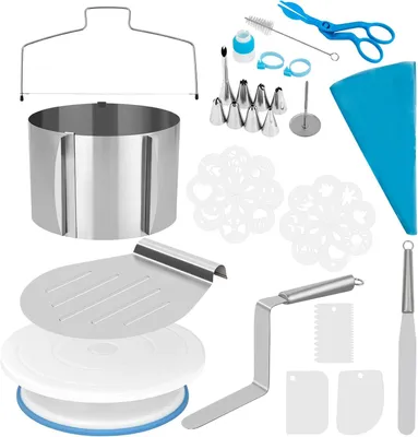 Produktbild von Torten Zubehör Set 40 Teile mit Tortenring Verstellbar Hoch 15cm, Tortensäge, Tortenheber, Tortenplatte Drehbar, Tortenschneider, Teigschaber, Spritztüllen Set, Tortenschablone