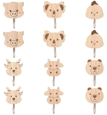 12er-Set Tier-Holzhaken, selbstklebend, 4-7 cm, für Kinderzimmer